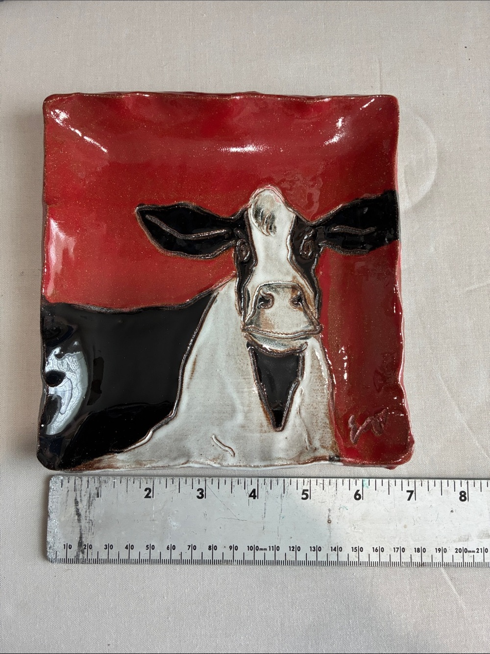 Handmade Ceramic Cow Wall Plaque - Red, Black & White